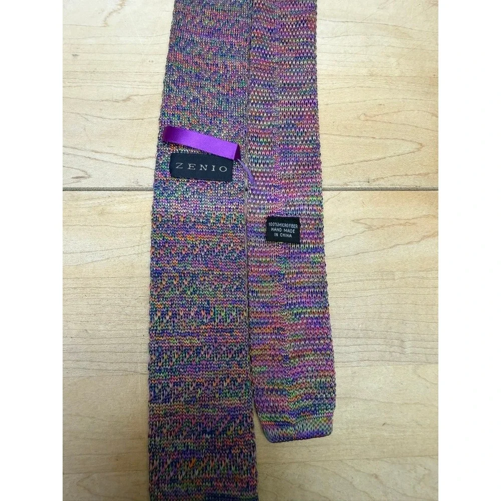 Zenio Mens Sq Tip Knit Tie Multicolor Purple Blue Green Microfiber 58in Office